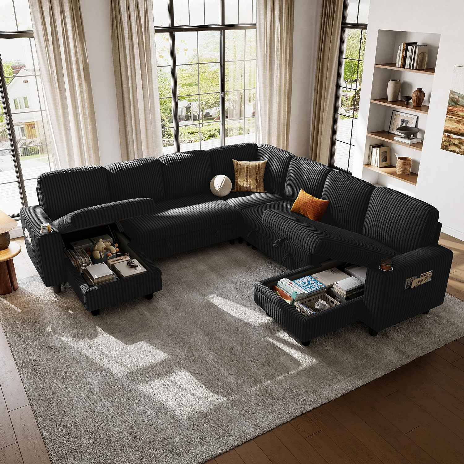 LINSY HOME Sectional Sleeper Sofa with Pull Out Couch Bed - Convertible Plush Corduroy Cloud Couches with Storage Chaise & USB Charging, Comfy Modular Couch for Living Room, Black