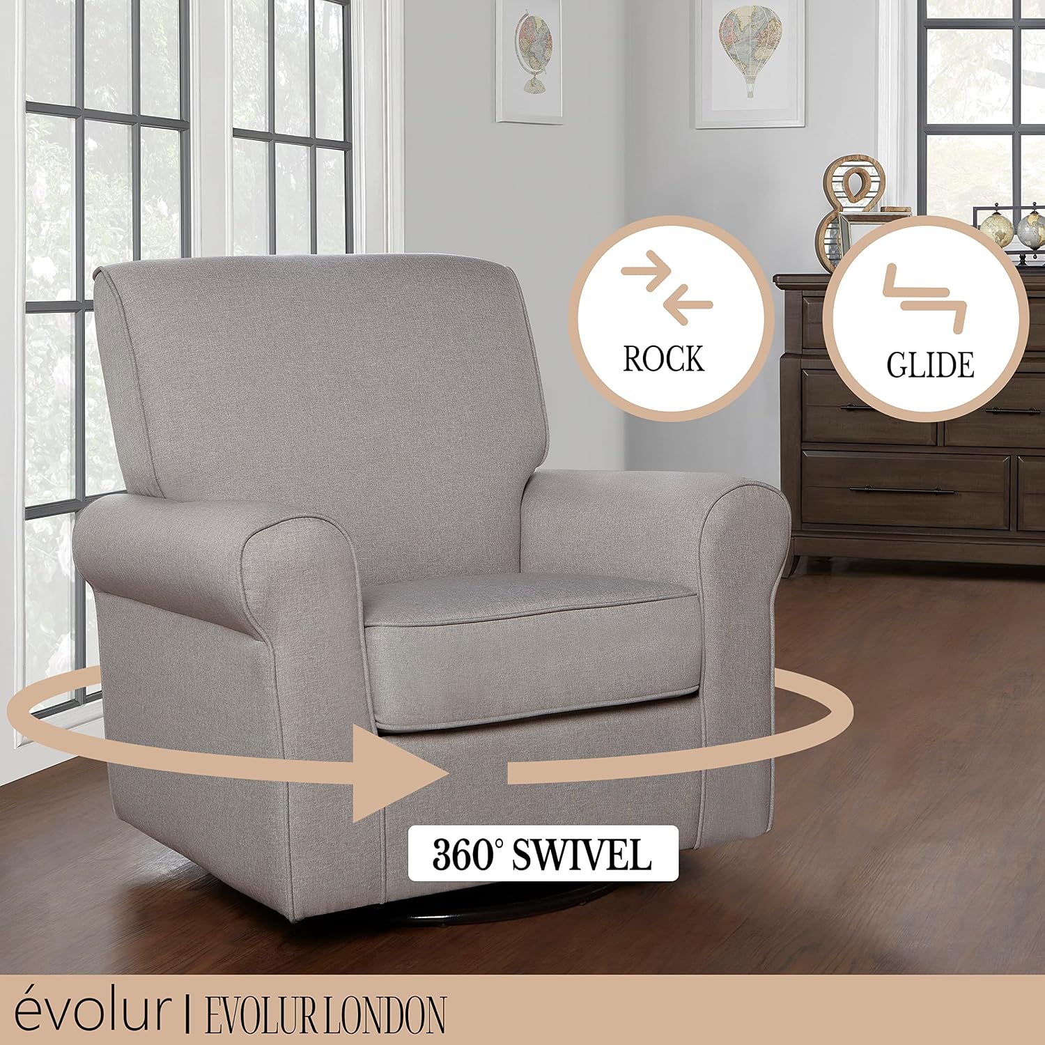 Evolur London Upholstered Plush Seating Glider Swivel, Ergonomically Designed for Nursery in Fossil, Tool-Free Assembly, Easy to Clean, Greenguard Gold Certified, Environmentally Conscious Glider