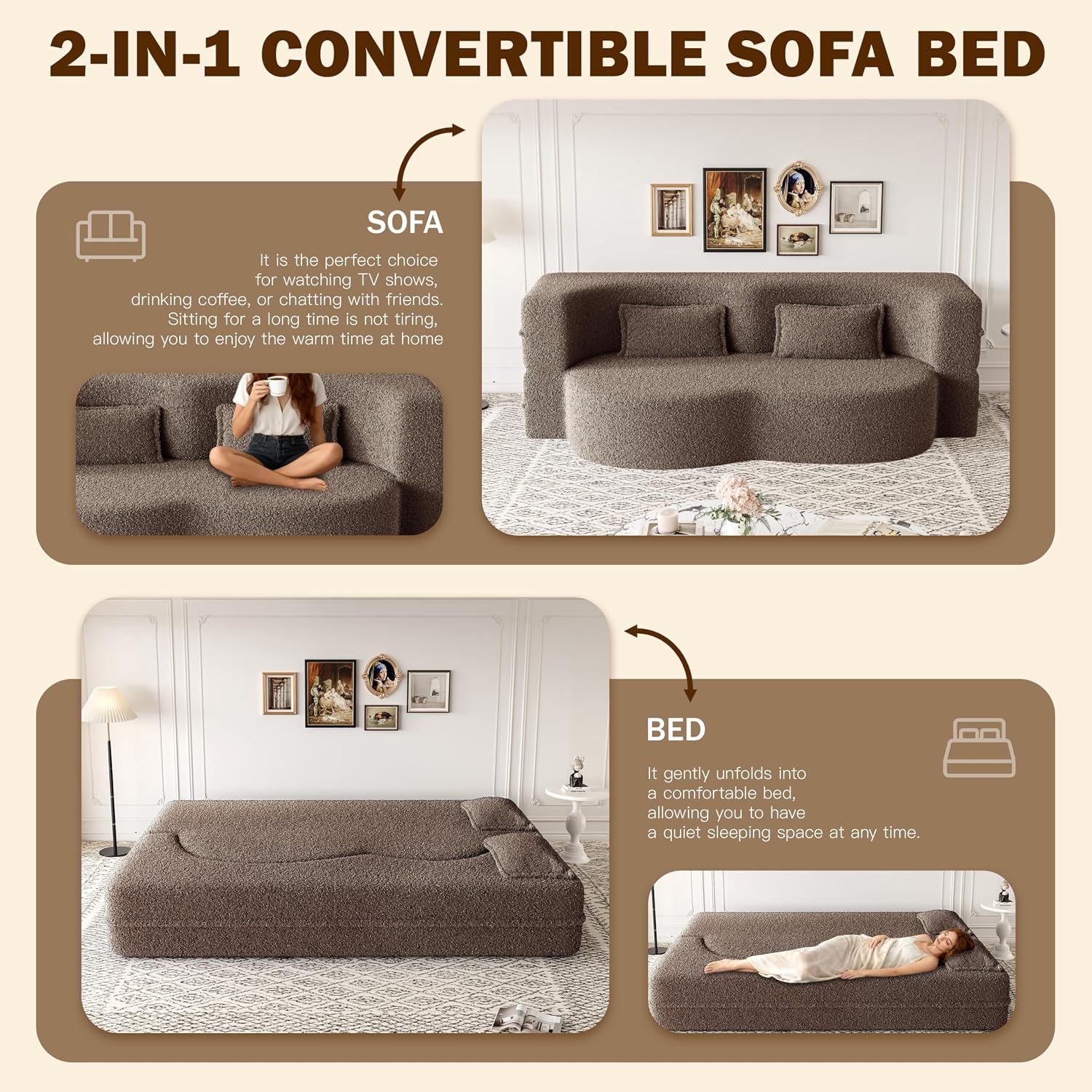 78' Full Size Convertible Folding Sofa Bed, Modern Teddy Fabric Futon Sofa Bed with 2 Pillows, Foam Mattress Futon Loveseat Couch, No Assembly Floor Couches for Living Room, Playroom, Apartment, Brown