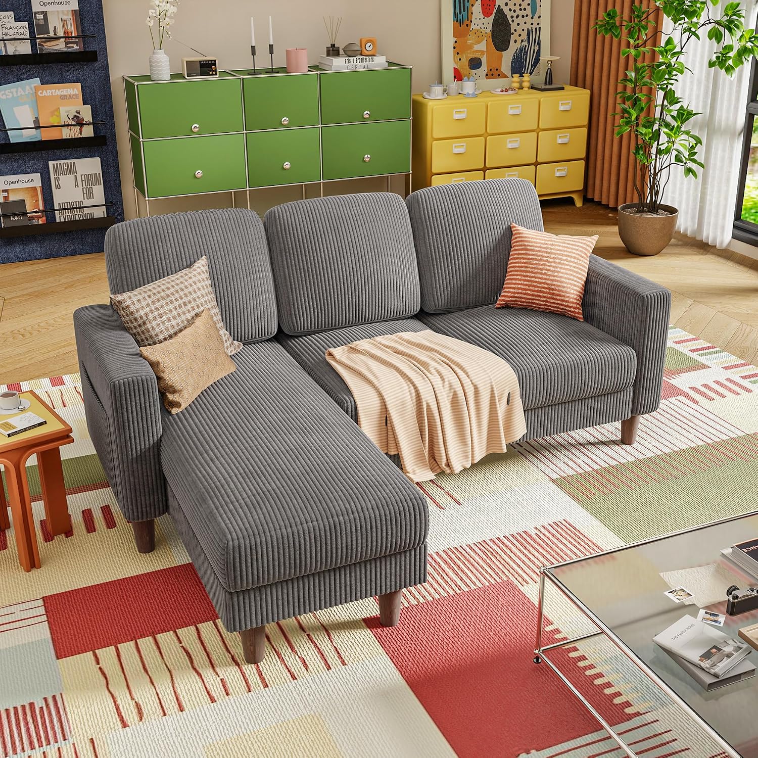 YESHOMY Couches for Living Room, Sofa with Movable Ottoman, Small Couch with Reversible Chaise and Side Pockets, L Shaped Couch for Small Space, Apartment (Corduroy, Grey)