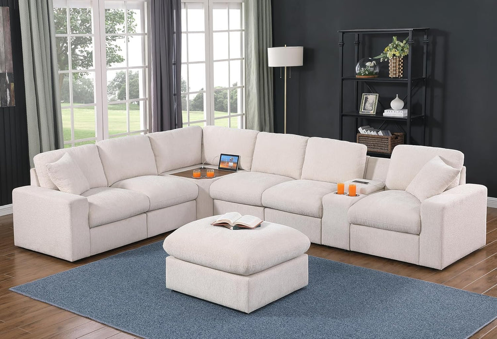 Ball & Cast 127' Oversized Modular Sectional Sofa L-Shaped,Large Chenille Upholstered Couch 7 Seat with Ottoman,Cup Holders & USB Ports,Comfty Sectionals W/Pillows & Storage Box,for Living Room,Beige