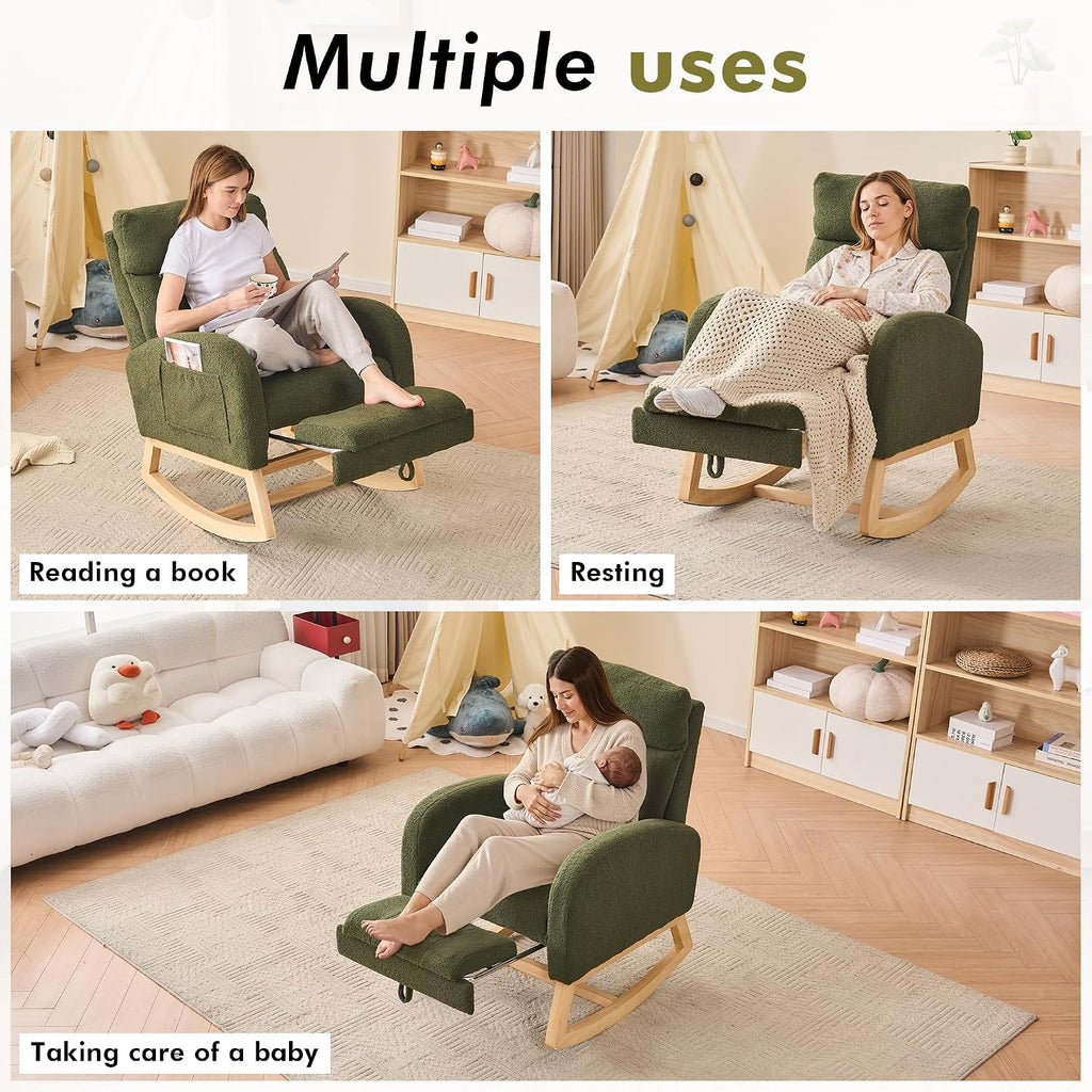 FOXHUNTER Rocking Chair for Nursery with High Backrest & Foot Rest-Nursery Rocking Chairs with Side Storage Pocket for Breastfeeding,Modern Glider Chair for Baby Bedroom,Living Room,Teddy Green