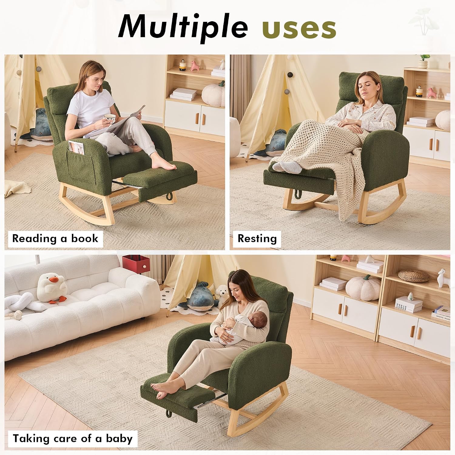 FOXHUNTER Rocking Chair for Nursery with High Backrest & Foot Rest-Nursery Rocking Chairs with Side Storage Pocket for Breastfeeding,Modern Glider Chair for Baby Bedroom,Living Room,Teddy Green