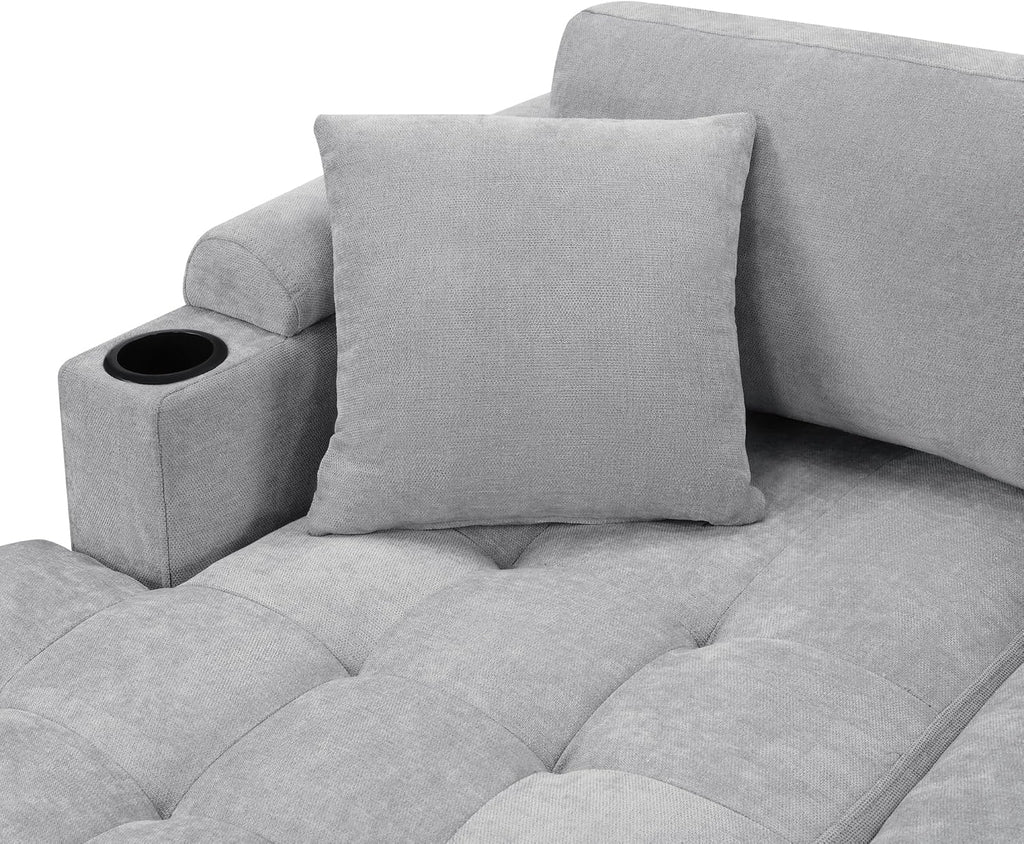 Merax 115.7' U-Shaped Chenille Sectional Sofa, 4 Seat Corner Couch Oversized with Built-in Cup Holders, 3 Pillows, Storage Space for Living Room, Light Grey