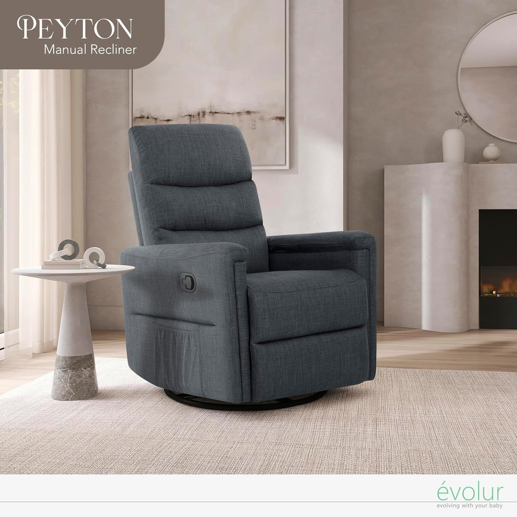Evolur Peyton Manual Glider Recliner – Graphite, Rocking & 360° Swivel with Smooth Glide – GREENGUARD Gold & FSC Certified – Modern Nursery and Living Room Chair