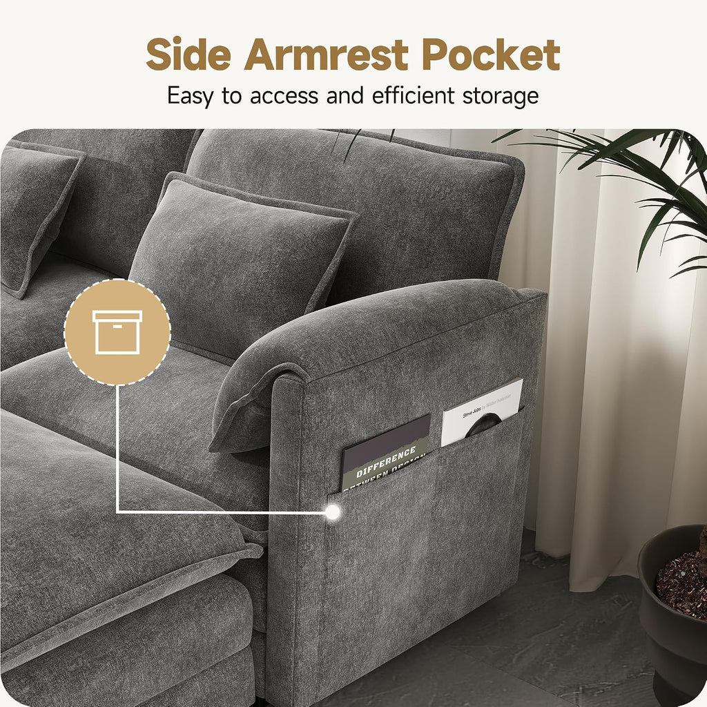 Real Relax 145'' Modular Sectional Sofa, U Shaped Chenille Convertible Couch with Movable Ottoman, 8 Pillows and 2 Armrest Pillows for Living Room, Office and Leisure Places, Dark Gray
