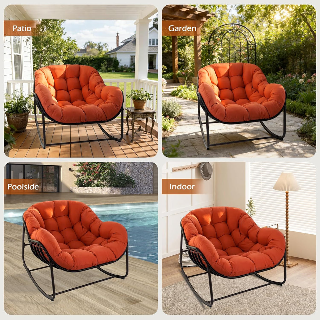Papasan Rocking Chair Indoor & Outdoor, Oversized Egg-Shaped Papasan Rocker with Cushion & Pillow, All-Weather Wicker Patio Lounge Chair for Garden, Porch, Living Room (Red)