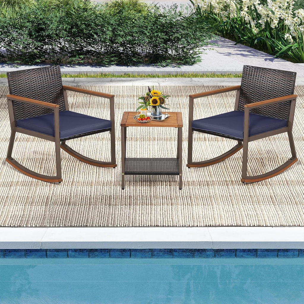 Outdoor Rocking Chair Set, 3 Pieces Patio Set with Rocking Chair, Coffee Table & Cushions, Patio Wicker Furniture Set for Balcony, Porch & Backyard (Navy Blue)