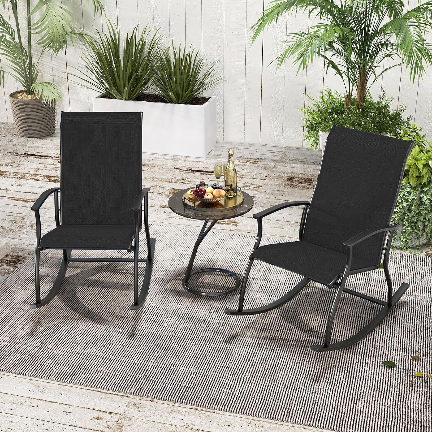 Tangkula Patio Rocking Chairs Set of 2, Outdoor Rocking Chair with Smooth & Safe Rocking Motion, Ergonomic Backrest, Breathable Fabric, All-Weather Outdoor Rocker for Backyard, Poolside (1,Black)