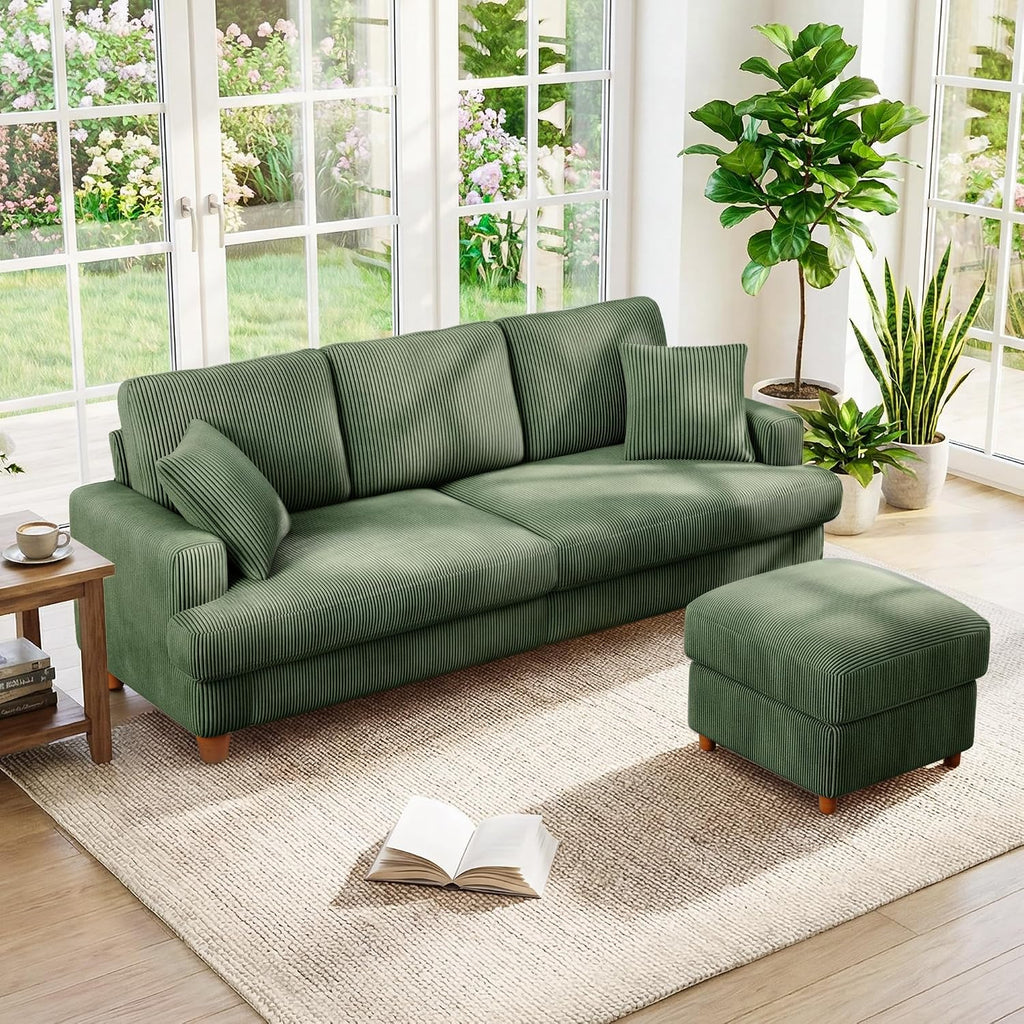 Kidirect 87in L Shaped Couch, Modular Sofa No Tool Assembly, Comfy Sectional Couches for Living Room 21in Deeper Seats, Corduroy Sofas for Living Room with 2 Pillows, Loveseat Sofa Set, Green Couch