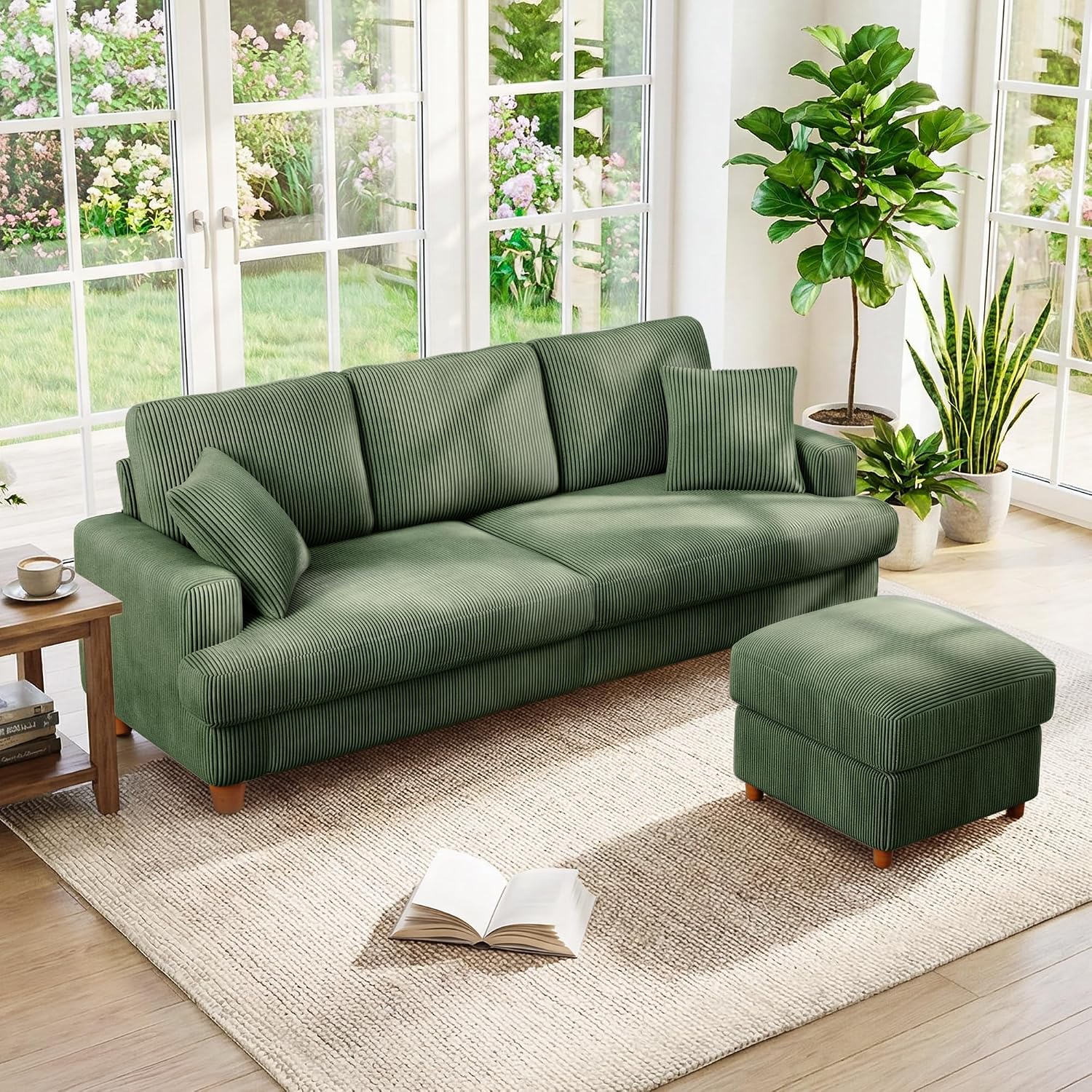 Kidirect 87in L Shaped Couch, Modular Sofa No Tool Assembly, Comfy Sectional Couches for Living Room 21in Deeper Seats, Corduroy Sofas for Living Room with 2 Pillows, Loveseat Sofa Set, Green Couch