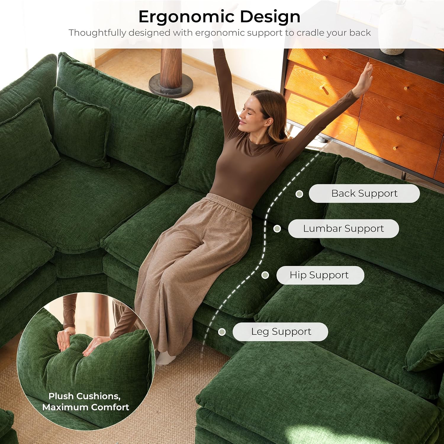 ELUCHANG 116' U Shaped Modular Sectional Cloud Couch with Pillow, Deep Seat Sofa Couches for Living Room, 5-Seat Modern Sofa with Movable Ottoman, Chenille Green