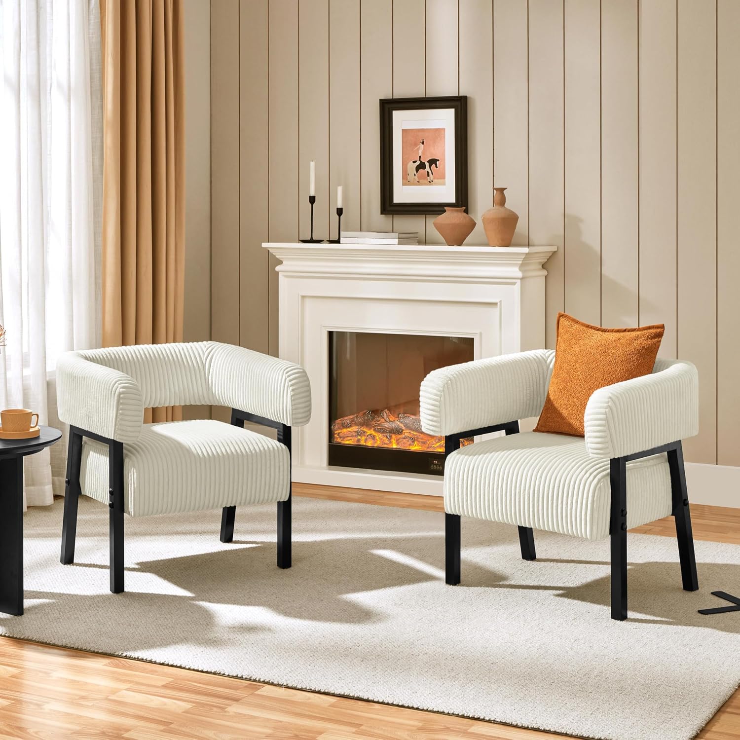 Yaheetech Accent Chair Set of 2 with Pocket Coiled Seat, Corduroy Living Room Barrel Chair Comfy Modern Sofa Armchair for Small Space Bedroom Reading, Beige