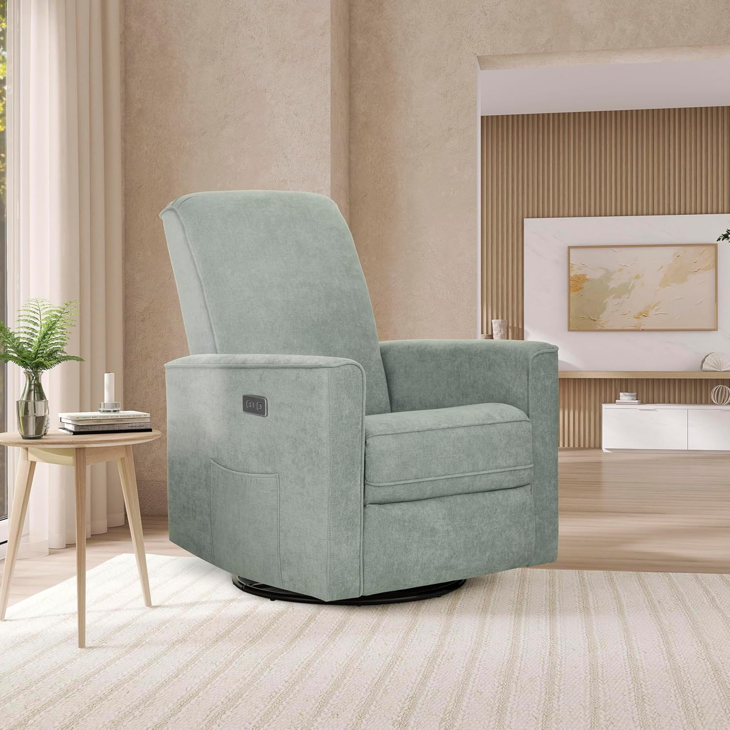 Evolur Harlow Upholstered Power Glider Recliner with USB Charging – Rocking & 275° Swivel with Smooth Glide – Greenguard Gold & FSC Certified – Modern Nursery and Living Room Chair in Sage