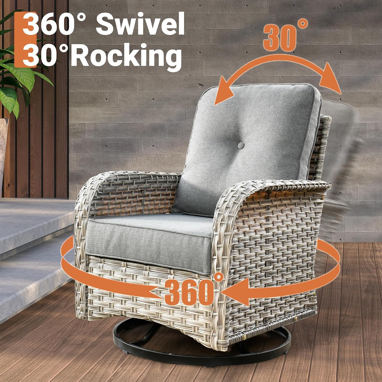 ovios Outdoor Swivel Rocking Chair Set of 3 with Coffee Table, Patio Wicker Rocker with Comfortable Thicken Deep Seating, Comfy Rattan Glider Chairs for Porch Deck Balcony Garden Backyard, Dark Grey