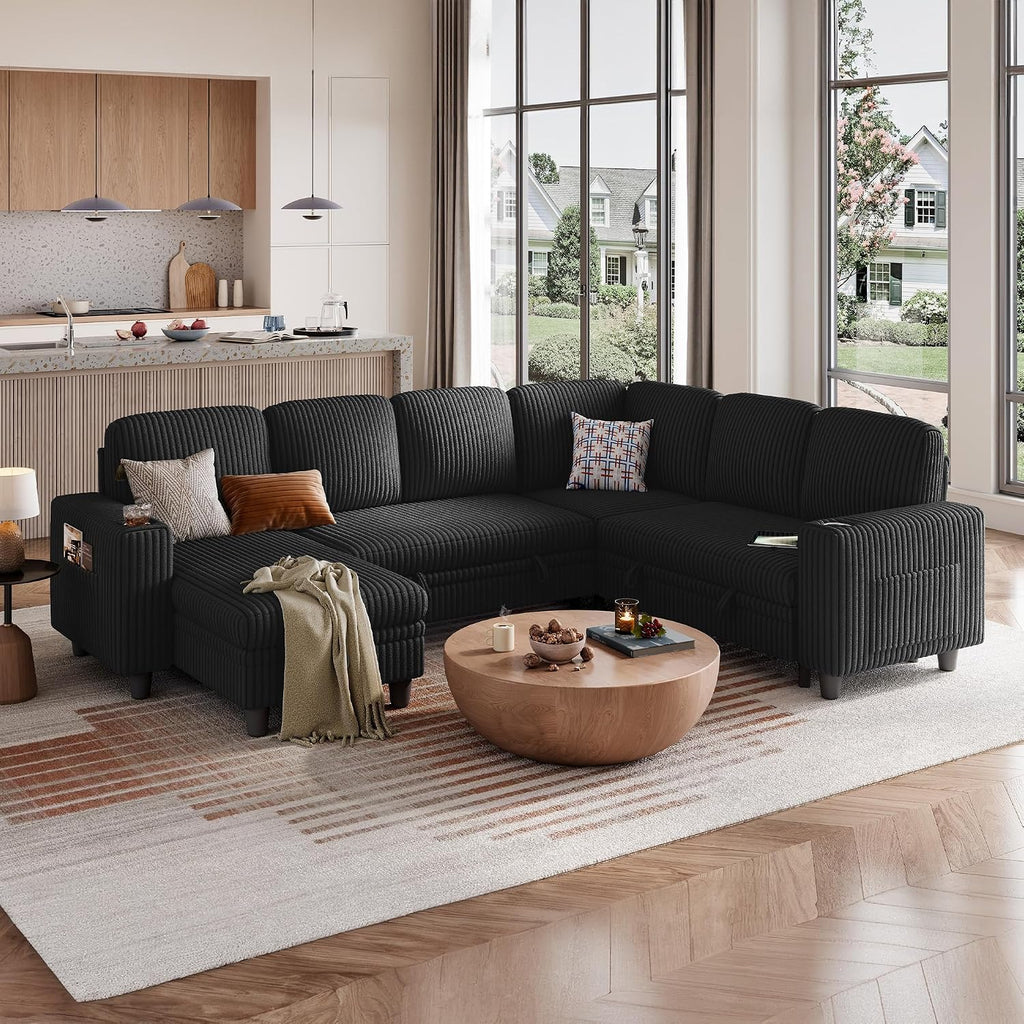 LINSY HOME Sectional Sleeper Sofa with Pull Out Couch Bed - Convertible Plush Corduroy Cloud Couch with Storage Chaise & USB Charging, Comfy Modular Couches for Living Room, Black