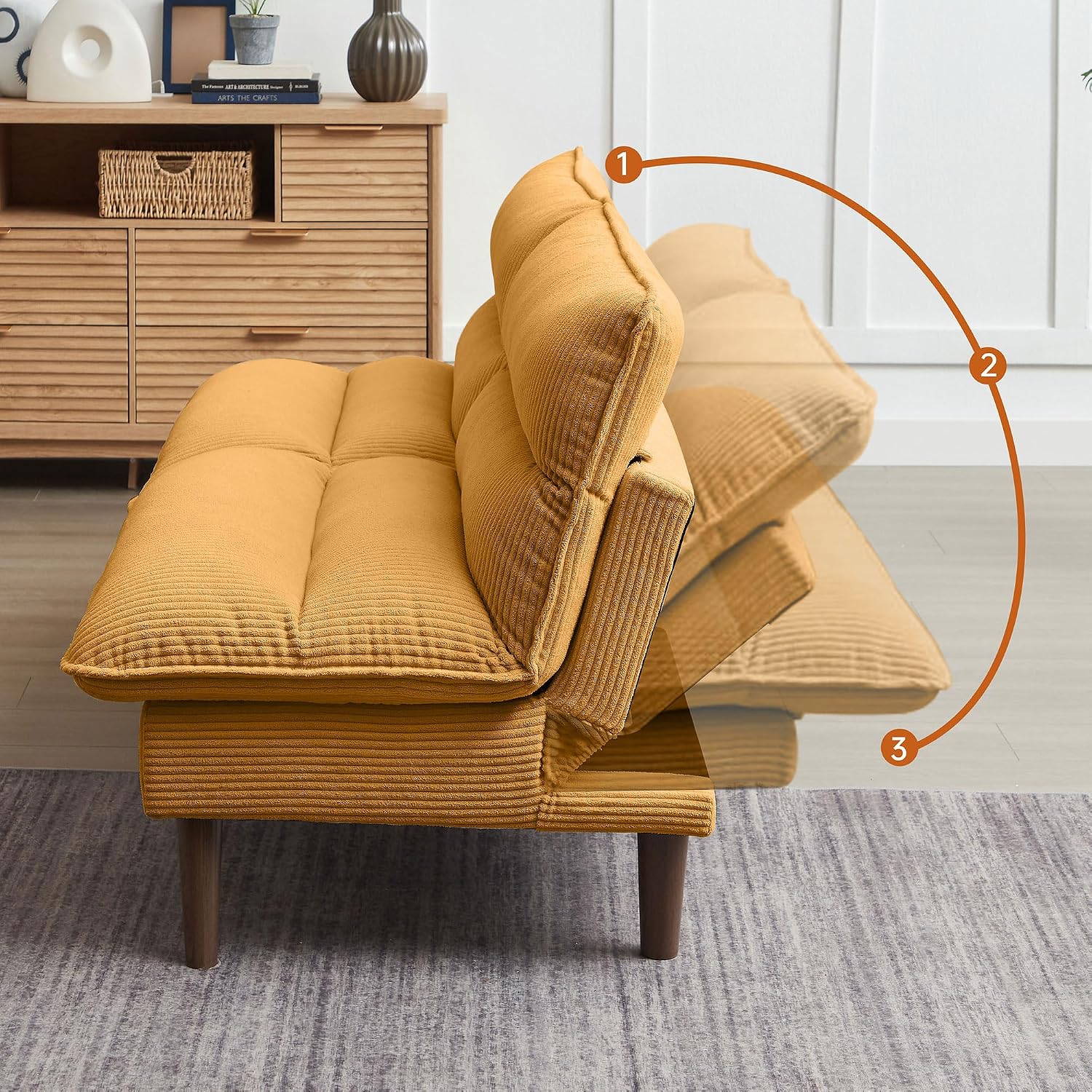 72' Futon Sofa Bed, Futon Couch with Adjustable Backrest, Recliner Small Loveseat for Living Room, Office, Apartment, Corduroy Loveseat, Yellow