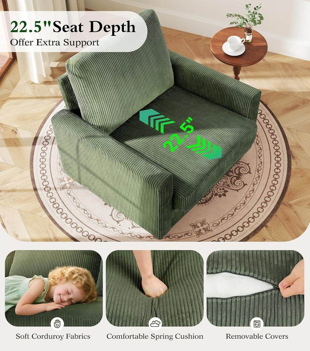 Kidirect 35.5in Corduroy Sofa Accent Chair, Tool-Free Setup Living Room Couch Accent Chairs, Reading Chair for Bedroom 22.5in Extra Deep Seats, Comfy Arm Chairs for Office, All-Wood Reading Nook Green