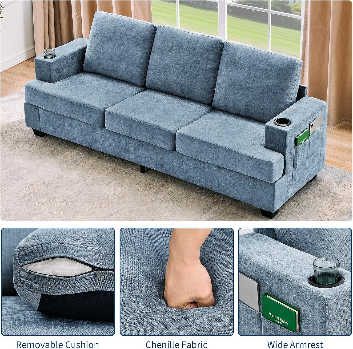 Garvee 89' Modern Sofa for Living Room, 3-Seater Comfy Couches with Deep Seat, Chenille Couch with Cup Holders and Side Storage Pockets for Apartment Lounge, Blue