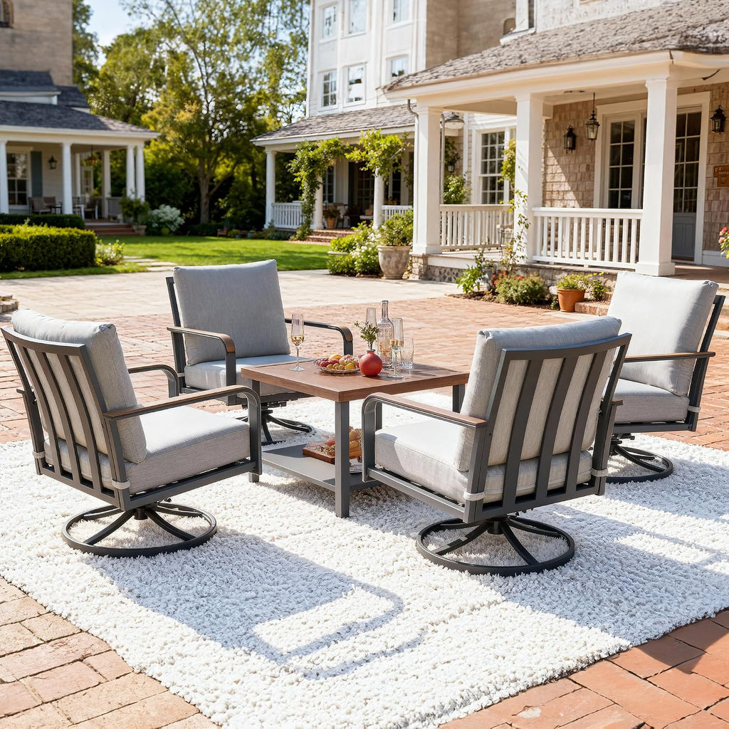 NATURAL EXPRESSIONS 5 Piece Patio Furniture Set, Outdoor Conversation with 4 Pcs Swivel Rocking Chairs and 28' Double-Layer Coffee Table 6' Thick Cushions for Balcony, Backyard, Deck (Light Gray)