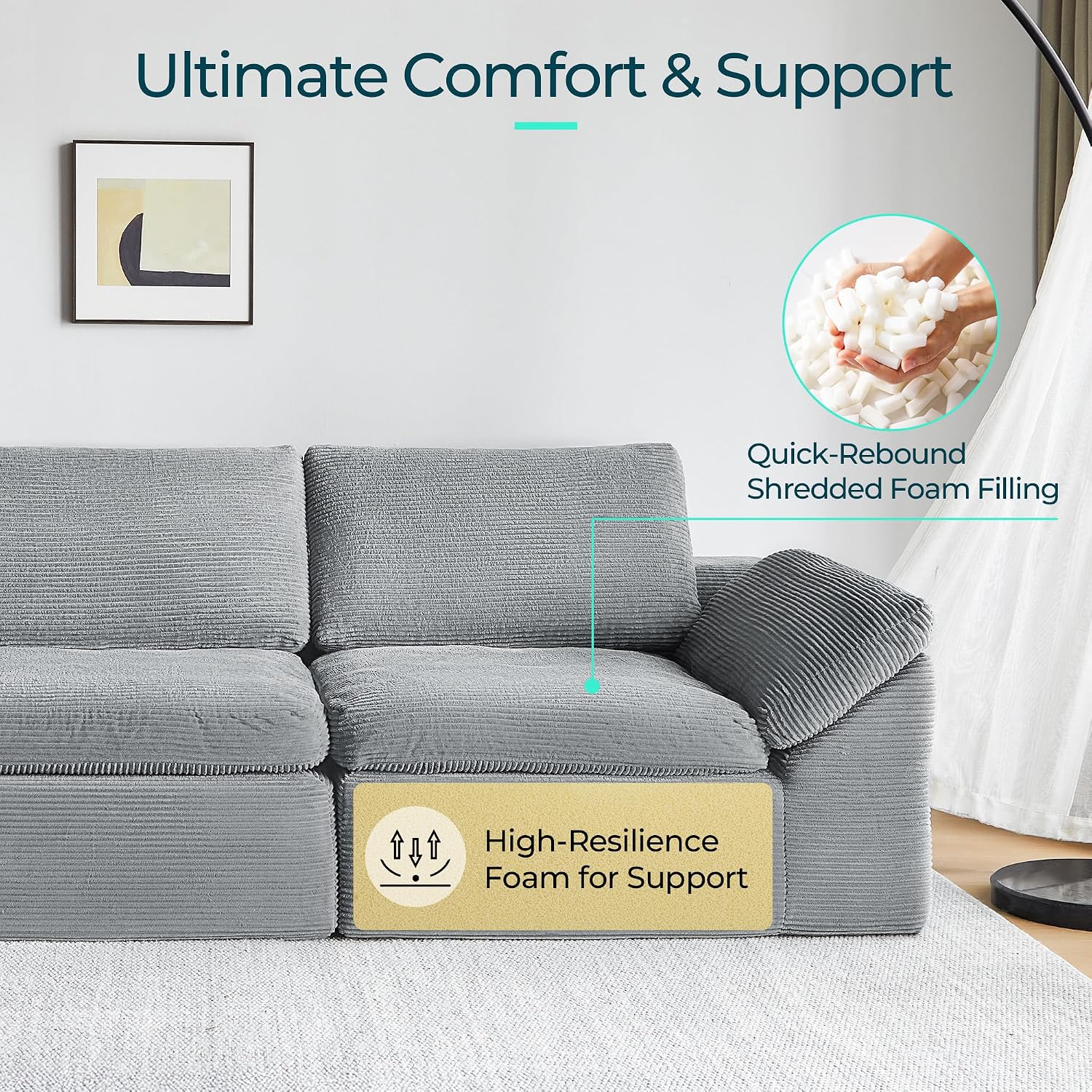 LINSY HOME 109' Modular Couch Modern Boneless Cloud Couch, U Shaped Sofa with Movable Ottomans, Deep Seat Corduroy Sectional Couches for Living Room, Apartment, No Assembly Required, Grey