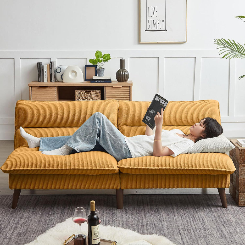 72' Futon Sofa Bed, Futon Couch with Adjustable Backrest, Recliner Small Loveseat for Living Room, Office, Apartment, Corduroy Loveseat, Yellow