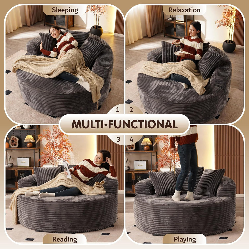 ovios 58' Oversized Round Chair Lounge Chaise Indoor, No Assembly Required, Cloud Large Circle Chair with Plush Fuax Fur, Fluffy Modern Sleeper Sofa Bed for Reading Yoga, Grey (Plush Corduroy Fabric)