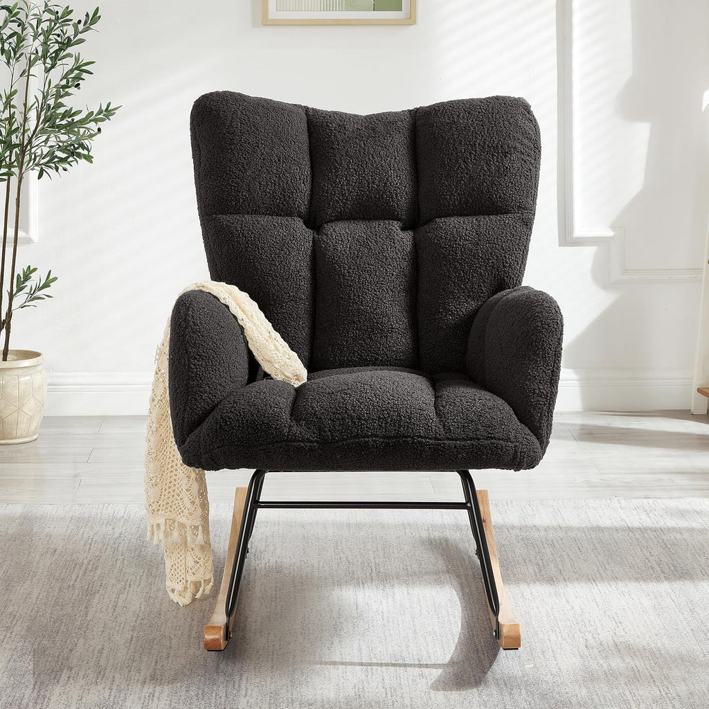 Glider Chair for Living Room & Nursery, Tufted Upholstered Teddy Rocking Chair with High Backrest & Stable Metal Frame, 300lbs Capacity, Comfy Rocker Glider for Adults & Kids, Office & Bedroom(Gray)