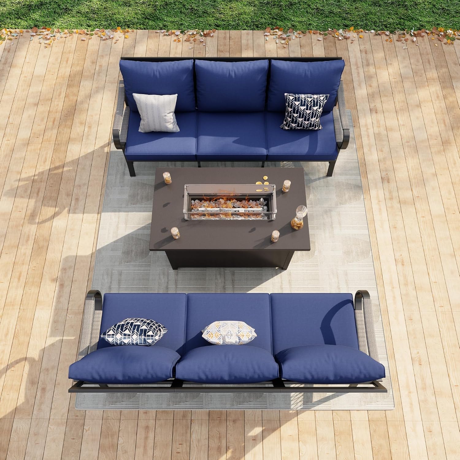 3 Pieces Modern Patio Furniture Set, All Weather Metal Outdoor Conversation Sets with Fire Pit Table for Backyard Garden Deck Porch Poolside, Blue