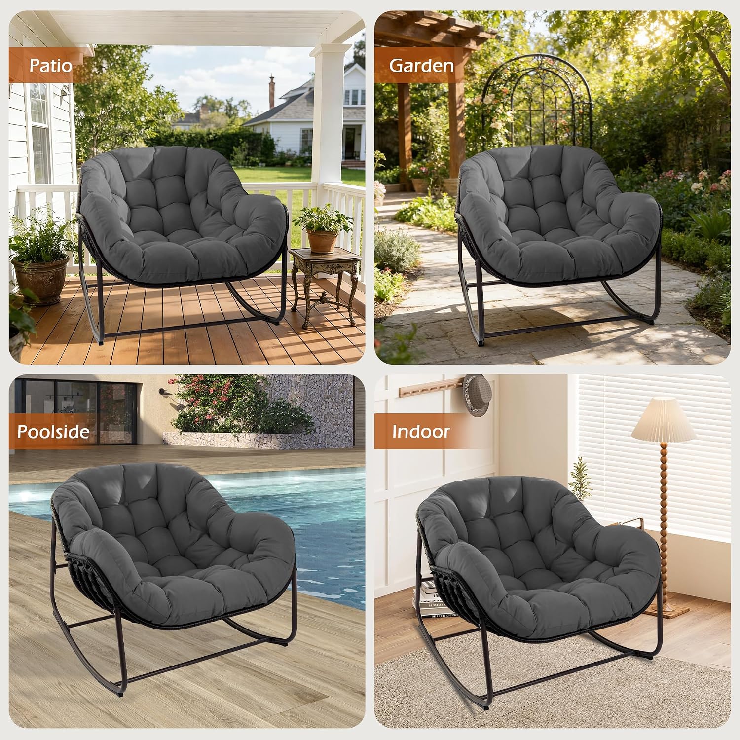 Papasan Rocking Chair Indoor & Outdoor, Oversized Egg-Shaped Papasan Rocker with Cushion & Pillow, All-Weather Wicker Patio Lounge Chair for Garden, Porch, Living Room (Gray)