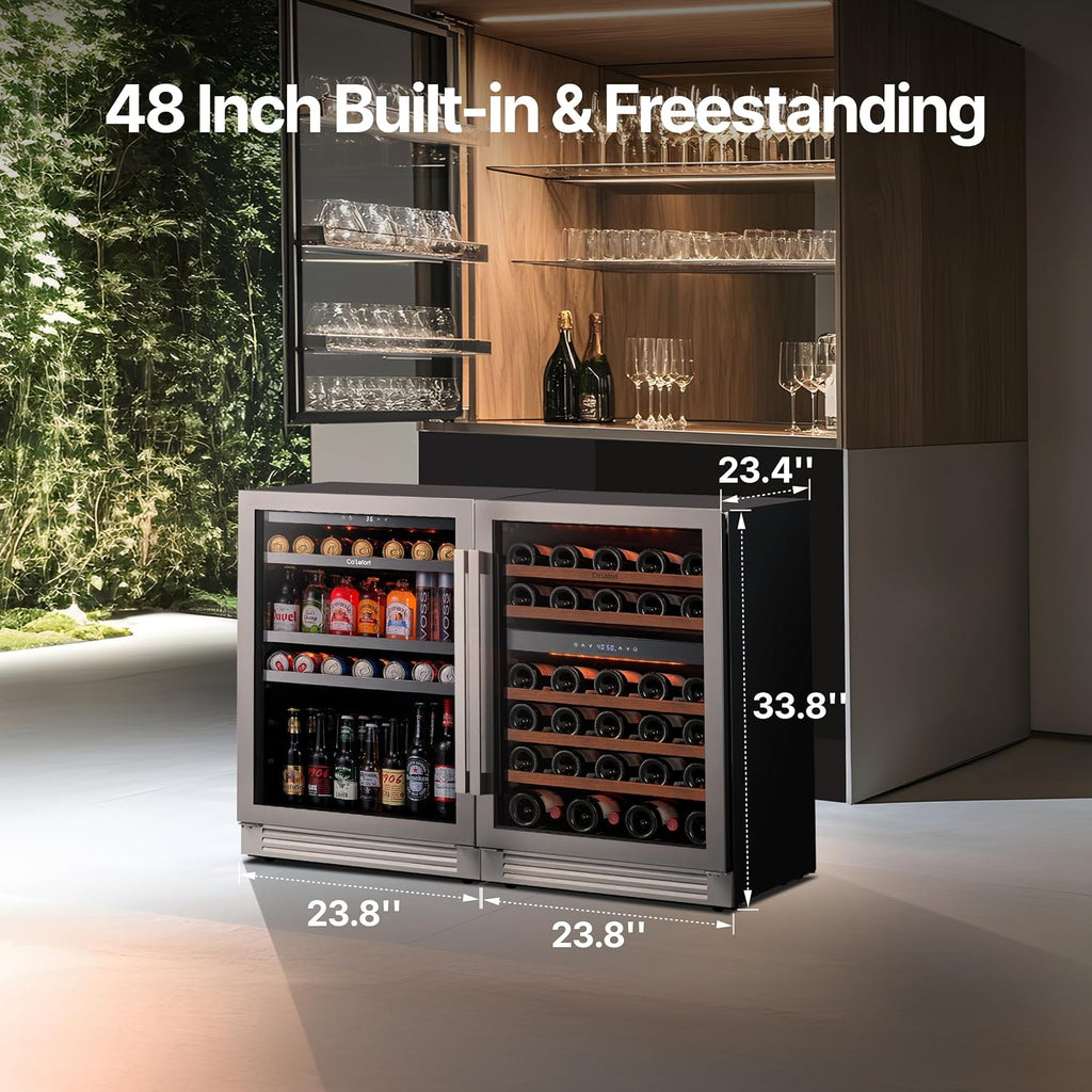 Ca'Lefort Wine Beverage Refrigerator Bundle - 48 Inch 34-65°F Drink Fridge Glass Door, 3 LED Dual Zone Wine Fridge Built-in or Freestanding, Holds 220 Cans and 52 Bottles (11.3 Cu.ft)