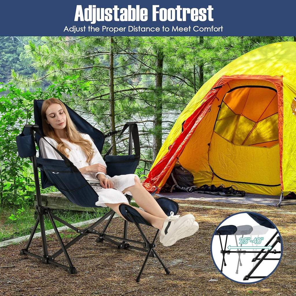 Giantex Outdoor Hammock Camping Chair - Rocking Chair with Removable Footrest, Adjustable Backrest, Pillow, Cup Holder, Storage Bag, Portable Fishing Chair for Poolside Patio Folding Chair (2, Navy)