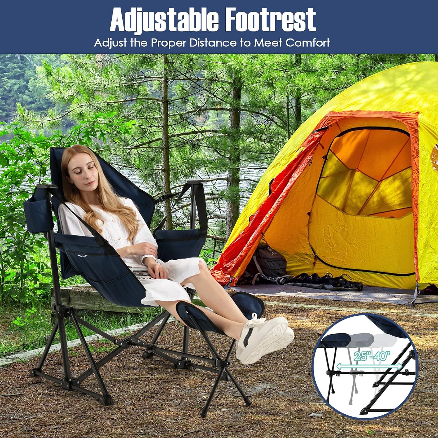Giantex Outdoor Hammock Camping Chair - Rocking Chair with Removable Footrest, Adjustable Backrest, Pillow, Cup Holder, Storage Bag, Portable Fishing Chair for Poolside Patio Folding Chair (2, Navy)