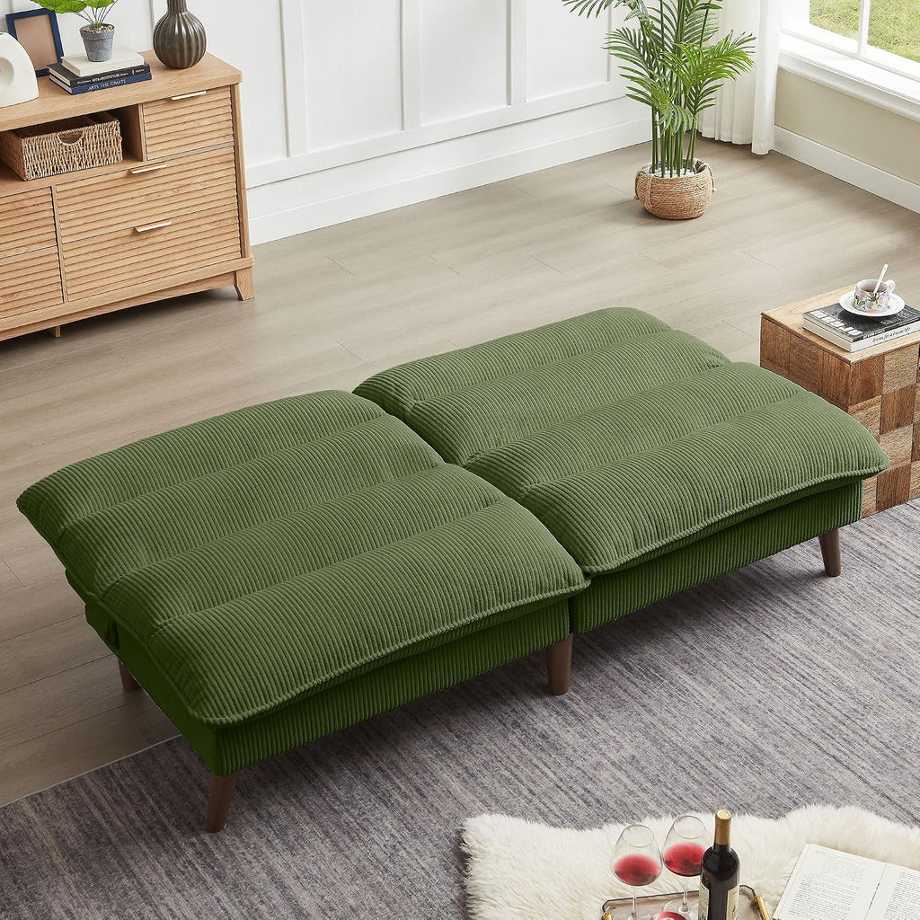 72' Futon Sofa Bed, Futon Couch with Adjustable Backrest, Recliner Small Loveseat for Living Room, Office, Apartment, Corduroy Loveseat, Green