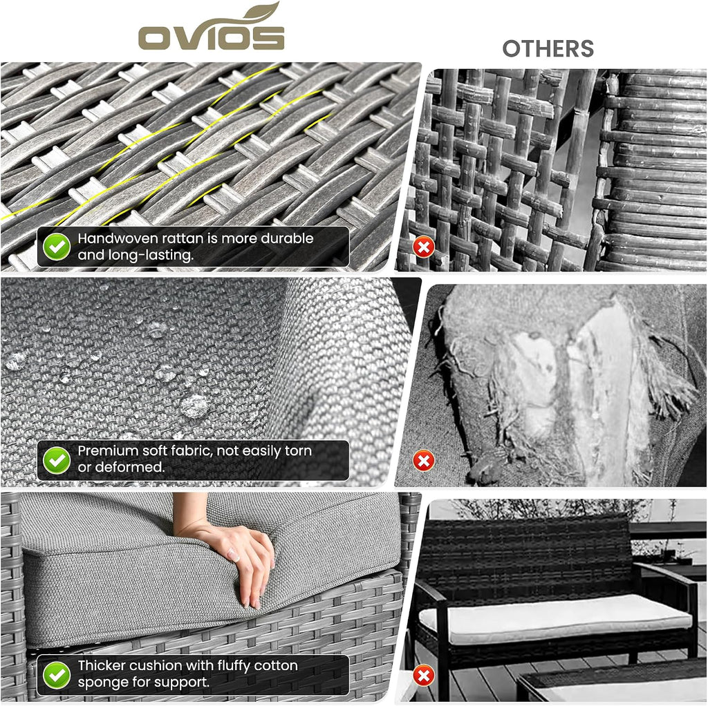 ovios 3-Piece Patio Furniture Set, Outdoor Wicker Sofa with Swivel Chairs, High Back Rattan Gliders Rocker with Comfy Cushions for Porch Yard Deck, Dark Grey