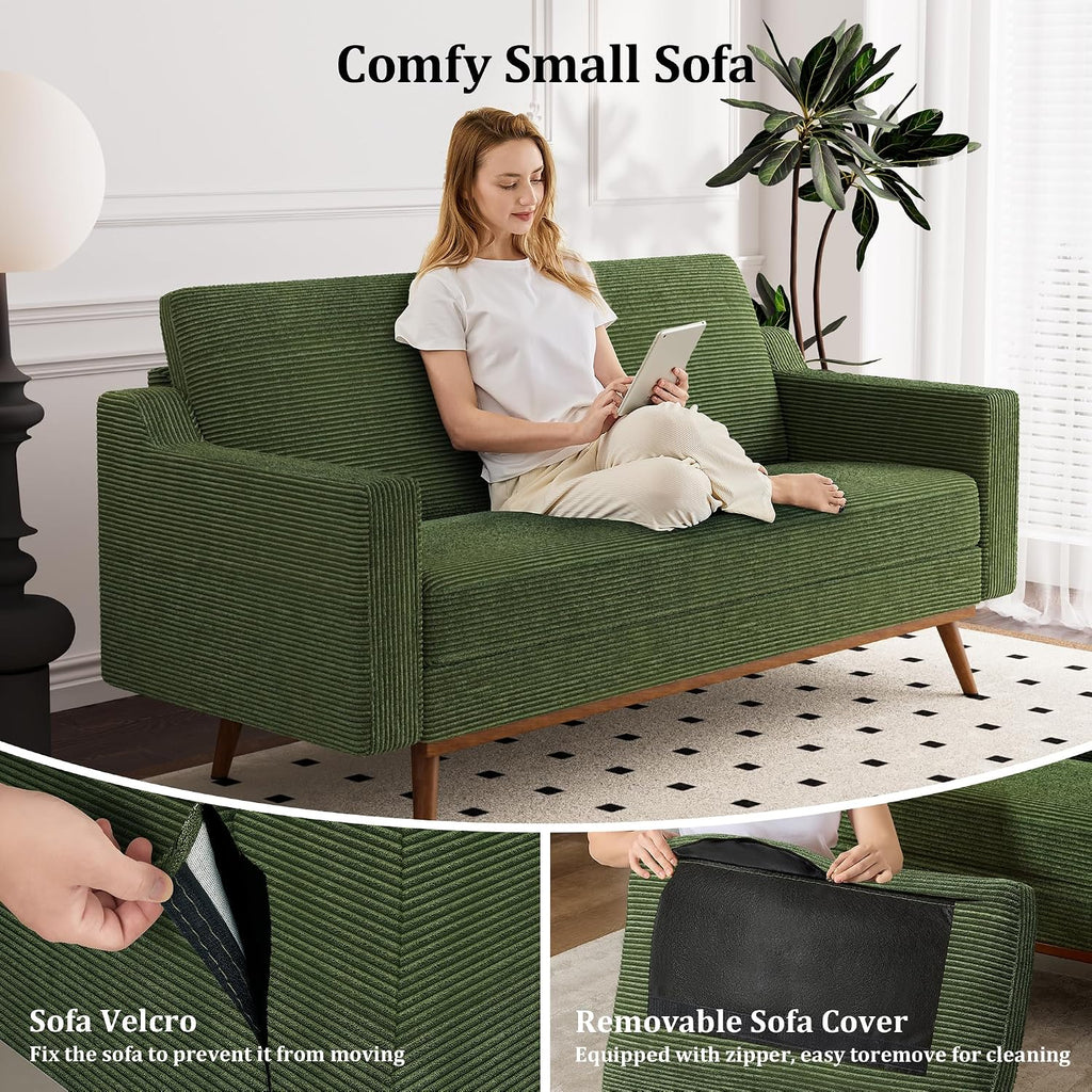 Vipbear 65.4' Loveseat Sofa Green Corduroy Couch, Mid-Century Modern Small Couches for Living Room, Bedroom, Office, Comfy Sofa with Spring Cushion, Solid Wood Frame, Tool-Free Assembly
