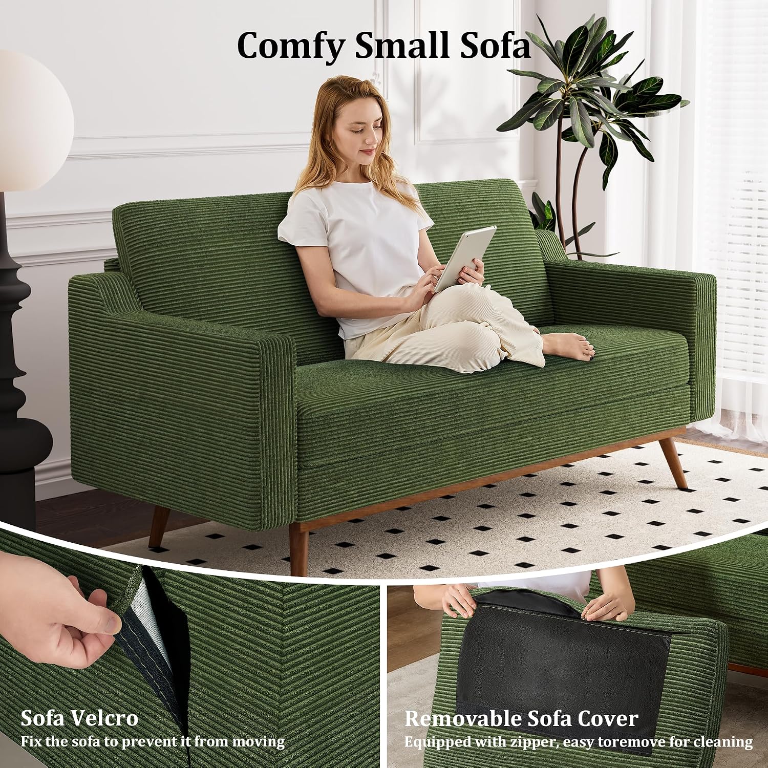 Vipbear 65.4' Loveseat Sofa Green Corduroy Couch, Mid-Century Modern Small Couches for Living Room, Bedroom, Office, Comfy Sofa with Spring Cushion, Solid Wood Frame, Tool-Free Assembly