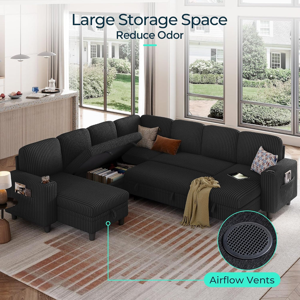 LINSY HOME Sectional Sleeper Sofa with Pull Out Couch Bed - Convertible Plush Corduroy Cloud Couches with Storage Chaise & USB Charging, Comfy Modular Couch for Living Room, Black
