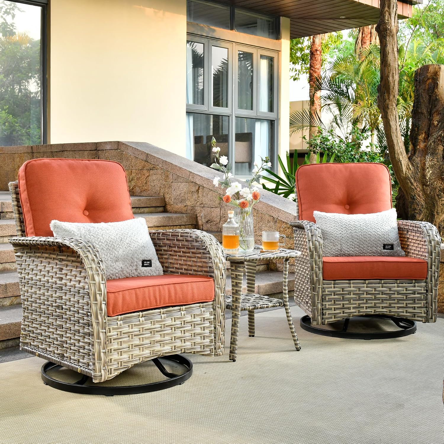 ovios Outdoor Swivel Rocking Chair Set of 3 with Coffee Table, Patio Wicker Rocker with Comfortable Thicken Deep Seating, Comfy Rattan Glider Chairs for Porch Deck Balcony Garden Backyard, Red