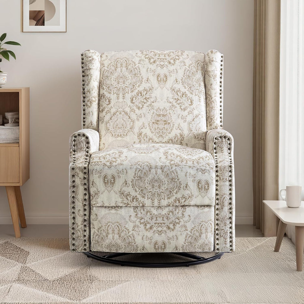 Swivel Rocker Recliner Chairs Set of 2, 360° Swivel Wingback Recliner Chairs for Adults, Upholstered Printed Fabric Glider Rocking Chair with High Back, Deep Seat for Living Romm Bedroom, Beige