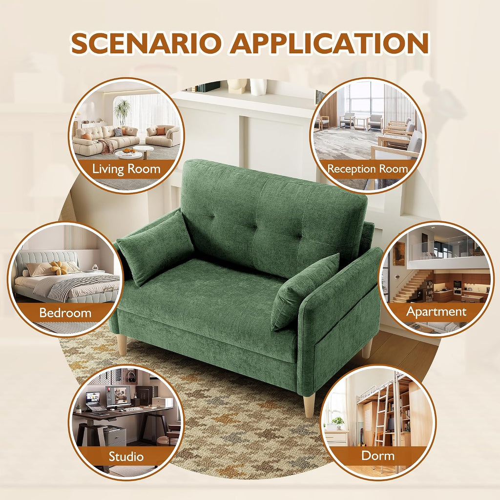 Urhanherry 47' Small Sofa Couch for Bedroom, Soft Chenille loveseat Mini Couch with Throw Pillow and Removable Cushion Cover for Small Spaces, Living Room, Apartment, Dorm, Office(Green)