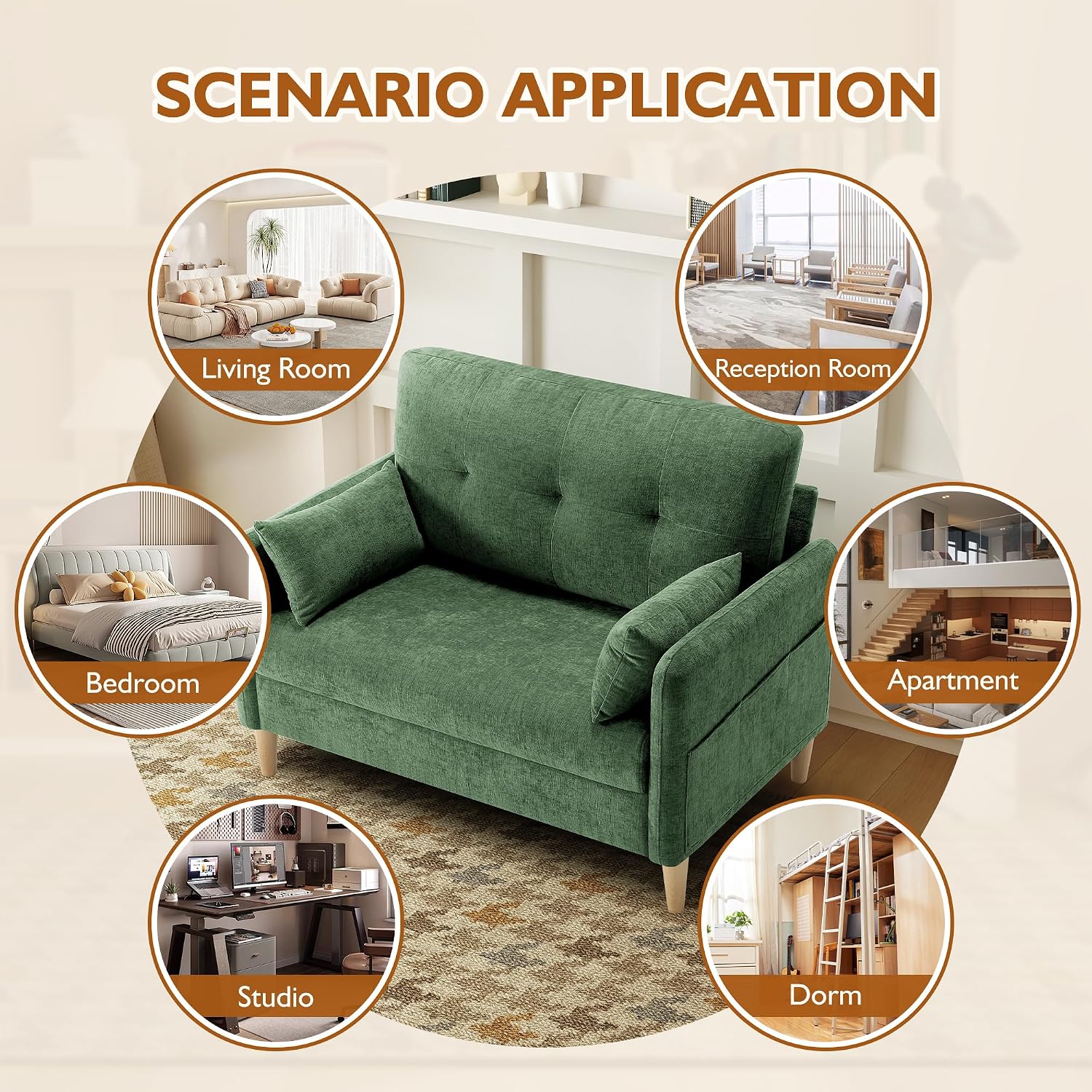 Urhanherry 47' Small Sofa Couch for Bedroom, Soft Chenille loveseat Mini Couch with Throw Pillow and Removable Cushion Cover for Small Spaces, Living Room, Apartment, Dorm, Office(Green)
