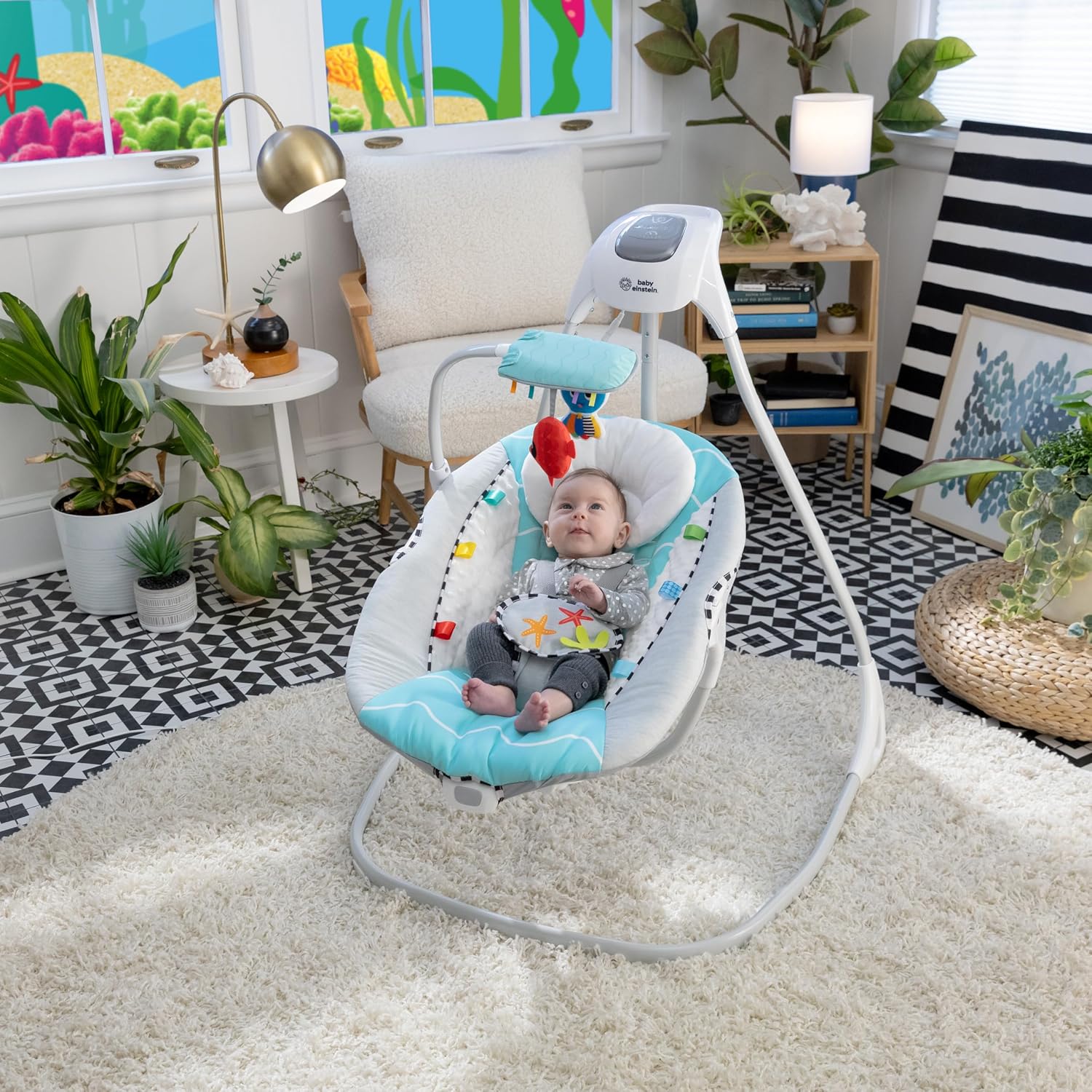 Baby Einstein Ocean Explorers Musical Compact, Lightweight Baby Swing, 6-Speed Multi-Direction, Vibrations, Music, Sounds, 0-9 Months - Grey