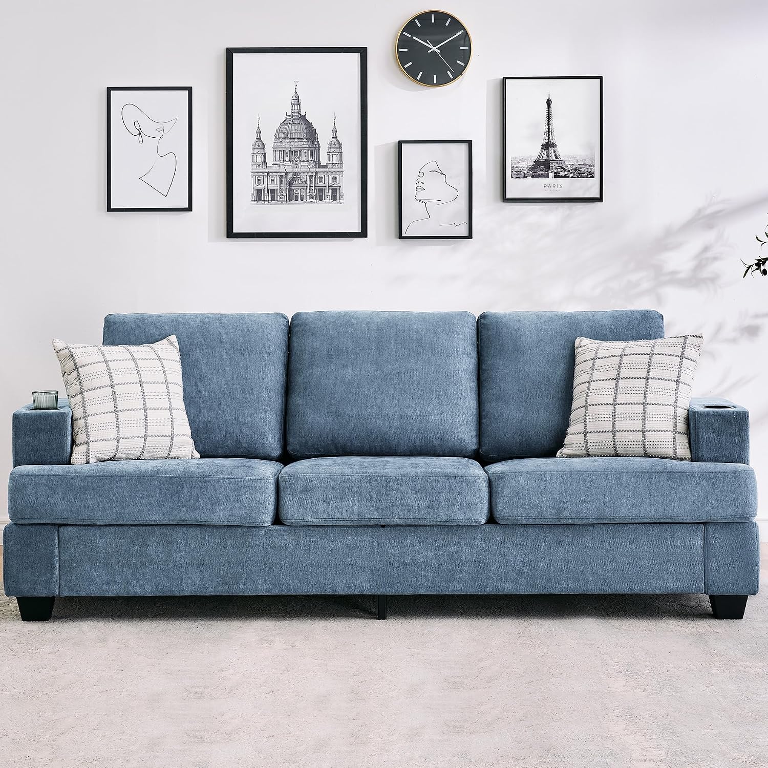 Garvee 89' Modern Sofa for Living Room, 3-Seater Comfy Couches with Deep Seat, Chenille Couch with Cup Holders and Side Storage Pockets for Apartment Lounge, Blue