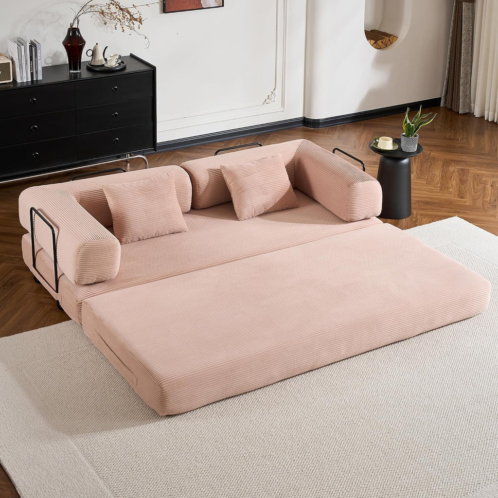 ZEIINPA Convertible Folding Couch Bed, Comfy Corduroy Sleeper Floor Sofa Bed with Fixed-Shape Frame, Floor Sofa with Armrest, Lounge Couch for Living Room Bedroom Lounge Studio,Pale Pink