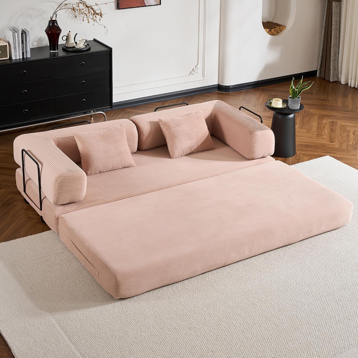 ZEIINPA Convertible Folding Couch Bed, Comfy Corduroy Sleeper Floor Sofa Bed with Fixed-Shape Frame, Floor Sofa with Armrest, Lounge Couch for Living Room Bedroom Lounge Studio,Pale Pink