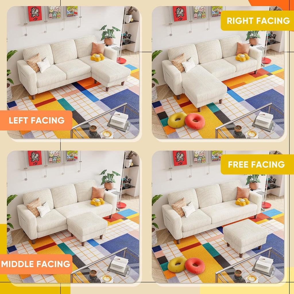 YESHOMY Couches for Living Room, Sofa with Movable Ottoman, Small Couch with Reversible Chaise and Side Pockets, L Shaped Couch for Small Space, Apartment (Corduroy, Cream)