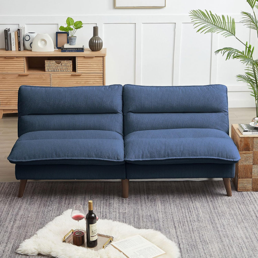 72' Futon Sofa Bed, Futon Couch with Adjustable Backrest, Recliner Small Loveseat for Living Room, Office, Apartment, Corduroy Loveseat, Blue
