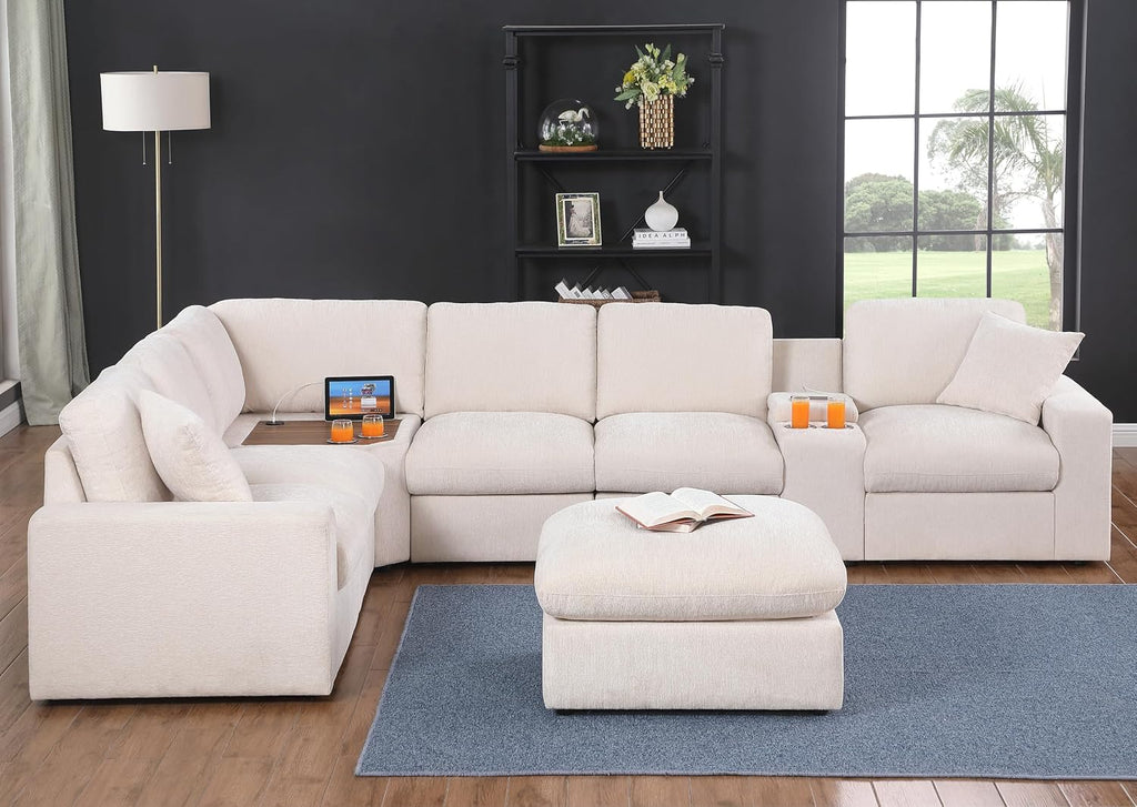 Ball & Cast 127' Oversized Modular Sectional Sofa L-Shaped,Large Chenille Upholstered Couch 7 Seat with Ottoman,Cup Holders & USB Ports,Comfty Sectionals W/Pillows & Storage Box,for Living Room,Beige