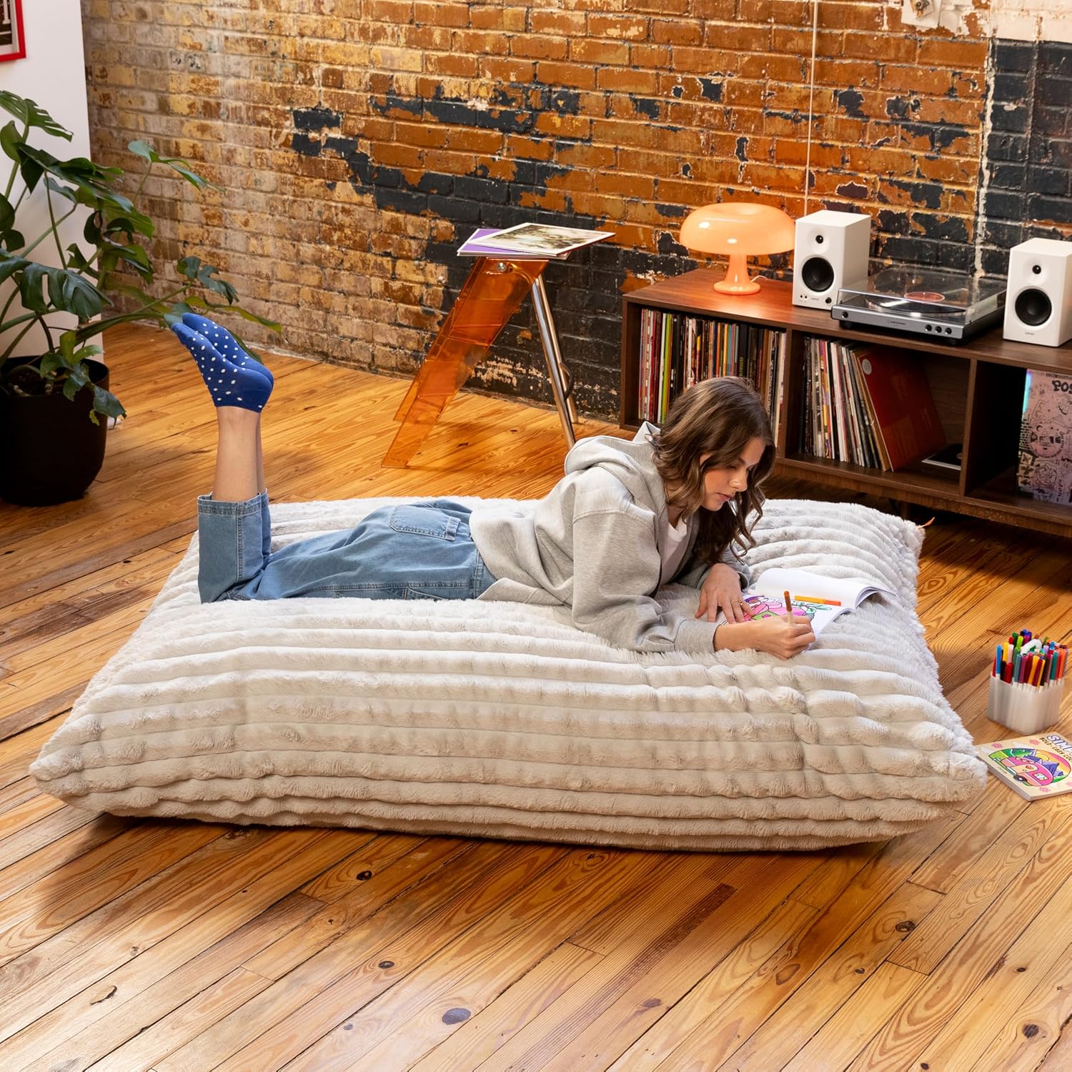 Pillow Saxx Bean Bag Rocking Chair - Elegant Oversized Rocker with Modern Wood Frame, Mondo Fur Grey